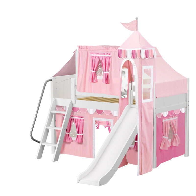 Zoomie Kids Stowers Wow Twin Loft Bed with Slide Tent and Curtains